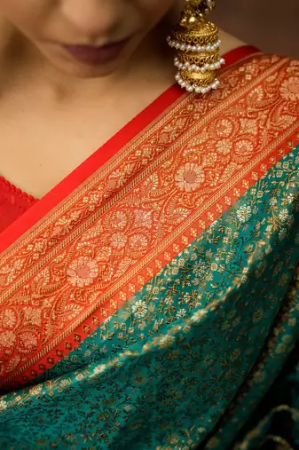 Rama green satin woven saree with blouse