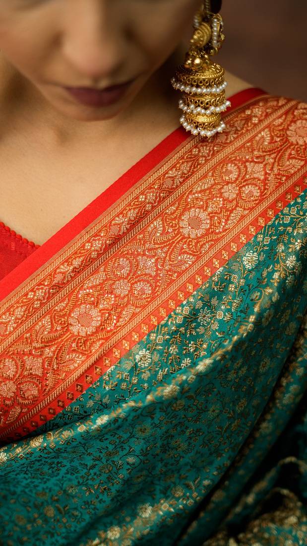 Rama green satin woven saree with blouse