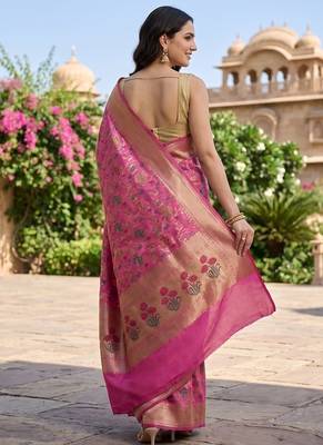 Pink katan silk woven saree with blouse 5