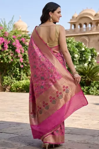 Pink katan silk woven saree with blouse