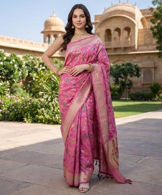 Pink katan silk woven saree with blouse 1