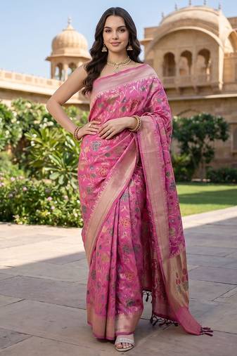 Pink katan silk woven saree with blouse
