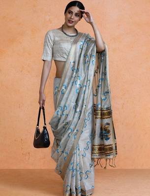 Grey woven design muga sarees with blouse piece 1
