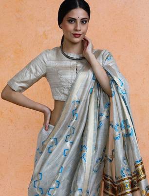 Grey woven design muga sarees with blouse piece 2