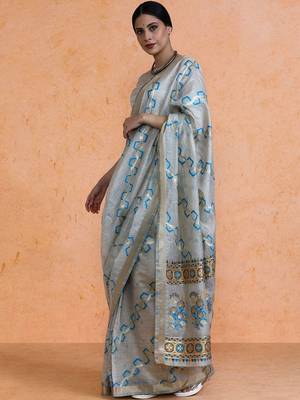 Grey woven design muga sarees with blouse piece 3