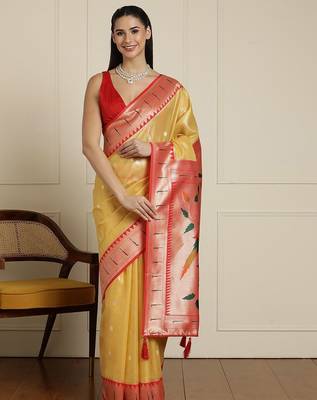 Yellow floral woven design zari saree with blouse piece 1