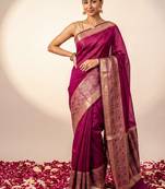 Magenta blended cotton woven saree with blouse