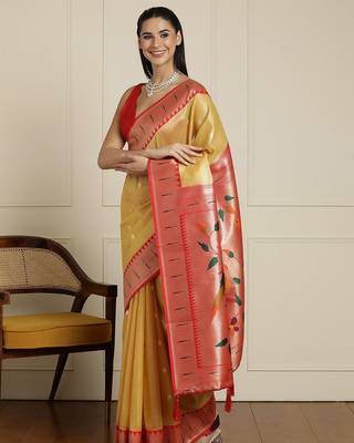 Yellow floral woven design zari saree with blouse piece 2