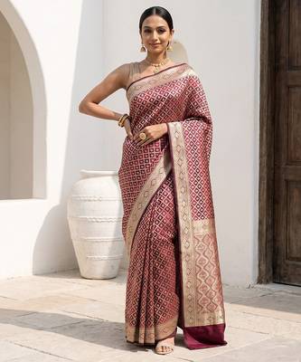 Maroon satin woven saree with blouse 1