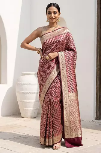Maroon satin woven saree with blouse