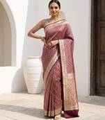 Maroon satin woven saree with blouse