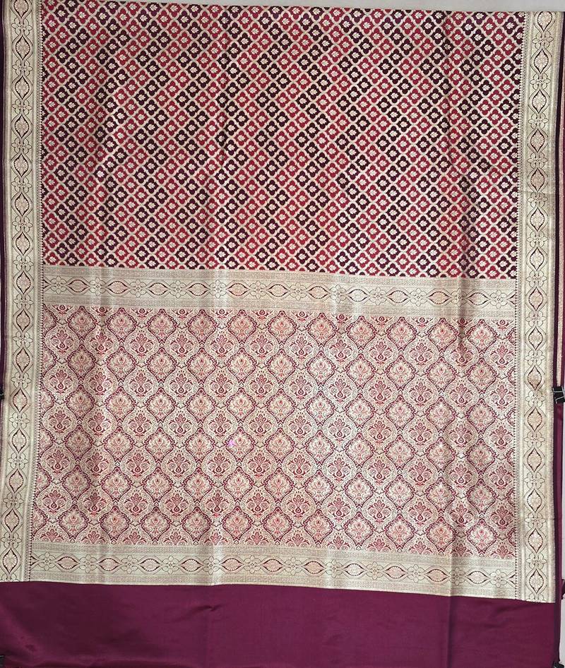Maroon satin woven saree with blouse