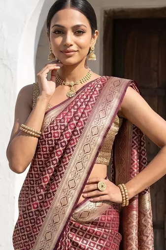 Maroon satin woven saree with blouse