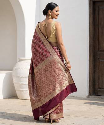 Maroon satin woven saree with blouse 5