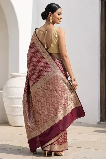 Maroon satin woven saree with blouse