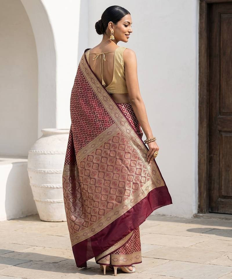 Maroon satin woven saree with blouse