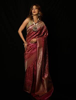Rani pink satin woven saree with blouse 1