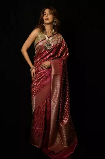 Rani pink satin woven saree with blouse