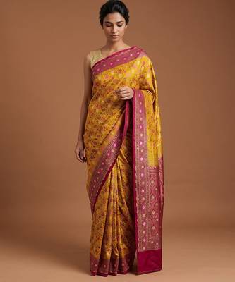 Mustard satin woven saree with blouse 1