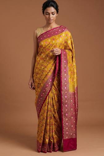 Mustard satin woven saree with blouse