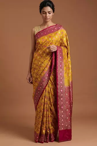 Mustard satin woven saree with blouse