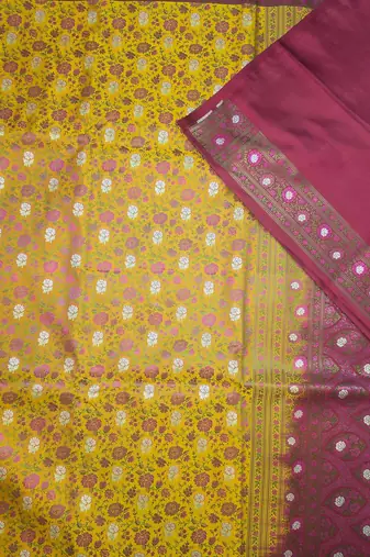 Mustard satin woven saree with blouse