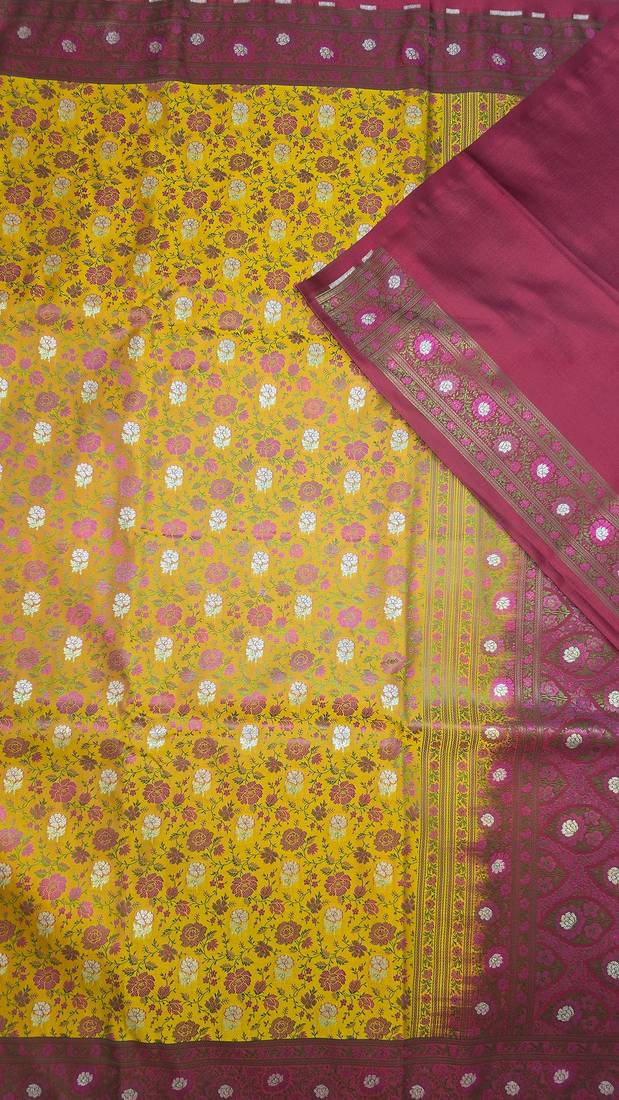 Mustard satin woven saree with blouse