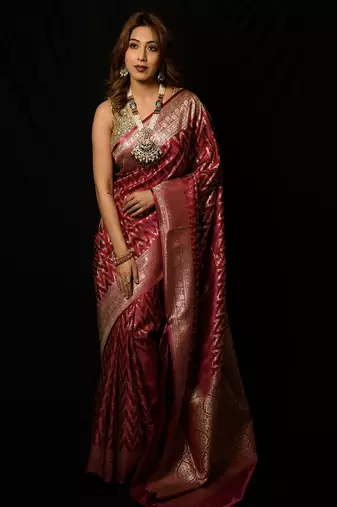 Rani pink satin woven saree with blouse