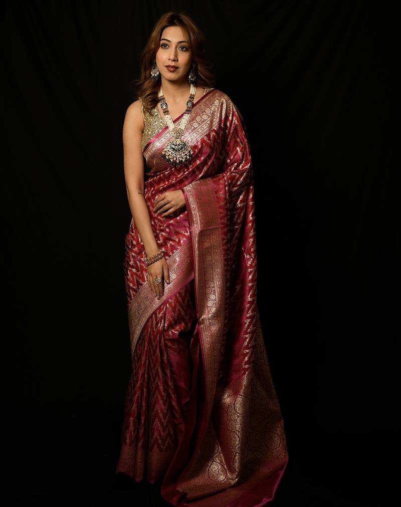 Rani pink satin woven saree with blouse