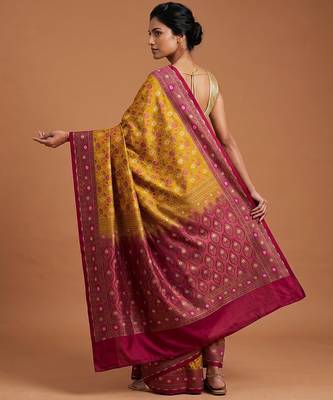 Mustard satin woven saree with blouse 4