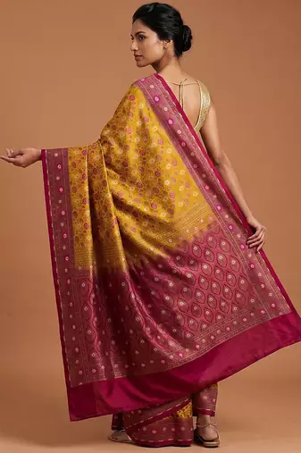 Mustard satin woven saree with blouse