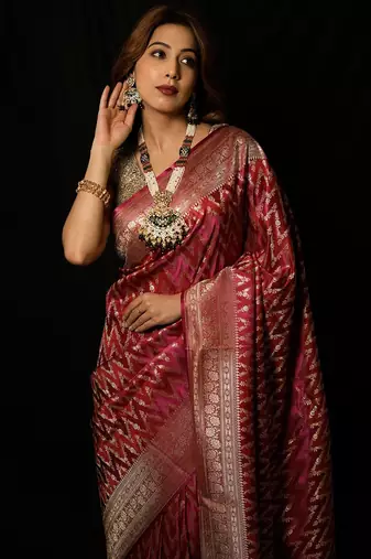 Rani pink satin woven saree with blouse