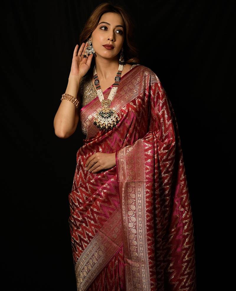 Rani pink satin woven saree with blouse