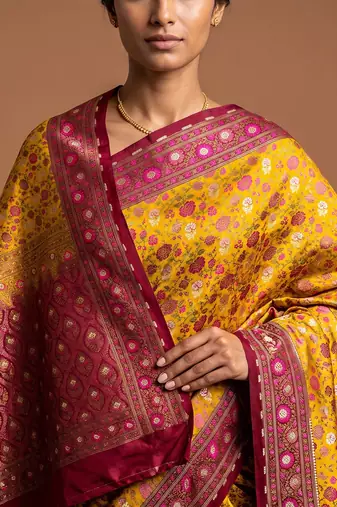 Mustard satin woven saree with blouse