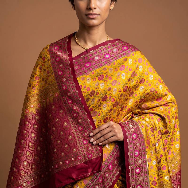 Mustard satin woven saree with blouse