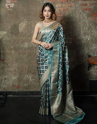 Sky-blue-grey satin woven saree with blouse 1