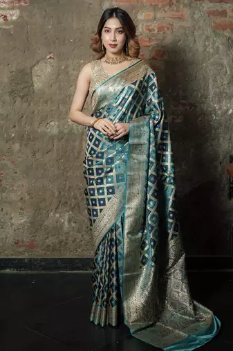 Sky-blue-grey satin woven saree with blouse