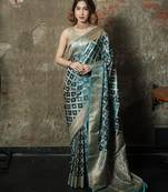 Sky-blue-grey satin woven saree with blouse