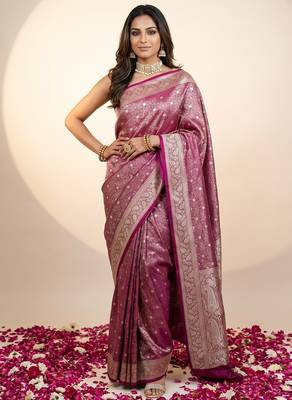 Rani pink satin woven saree with blouse 1