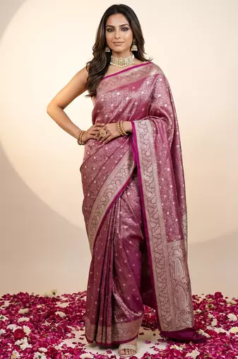 Rani pink satin woven saree with blouse