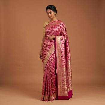 Rani pink satin woven saree with blouse 1