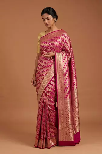 Rani pink satin woven saree with blouse
