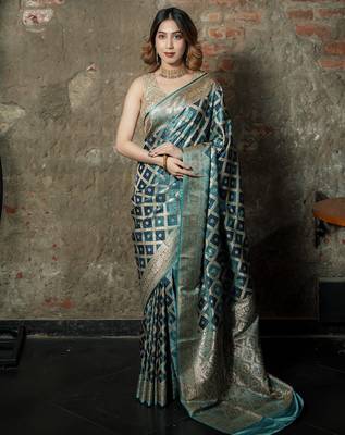 Sky-blue-grey satin woven saree with blouse 2