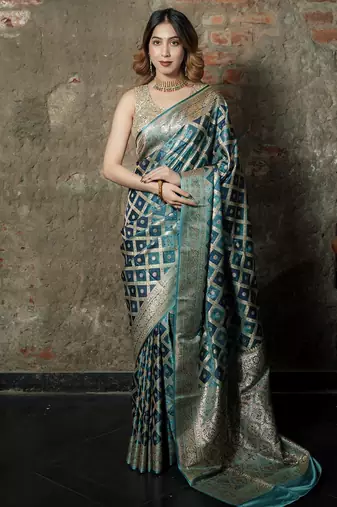 Sky-blue-grey satin woven saree with blouse