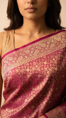 Rani pink satin woven saree with blouse 2