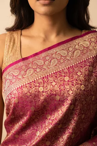 Rani pink satin woven saree with blouse