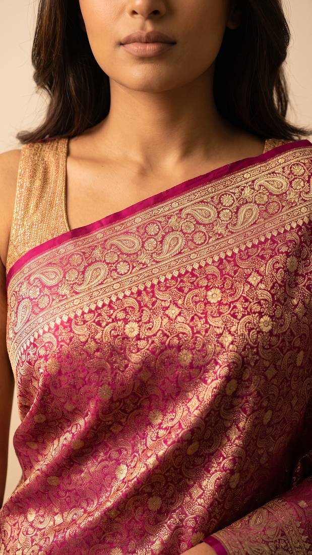 Rani pink satin woven saree with blouse