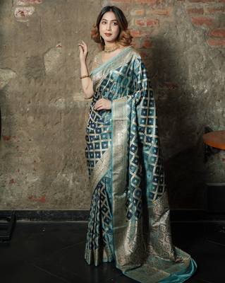 Sky-blue-grey satin woven saree with blouse 3