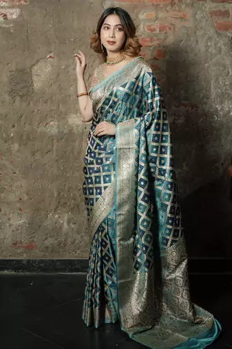 Sky-blue-grey satin woven saree with blouse