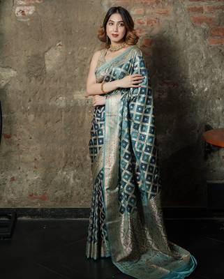 Sky-blue-grey satin woven saree with blouse 4